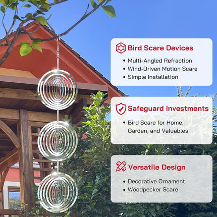 Bird Deterrents for Outside, Reflective 3D Stainless Steel Wind Spinners, Garden Decor, Bird Scare Devices to Keep Woodpeckers, Pigeons Away from Your House, Patio, Orchards.