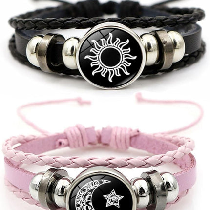Luminous Sun and Moon Couple Bracelet - Glow in the Dark Matching Braided Leather Jewelry for Couples, Adjustable Long Distance Love Gift for Him & Her.