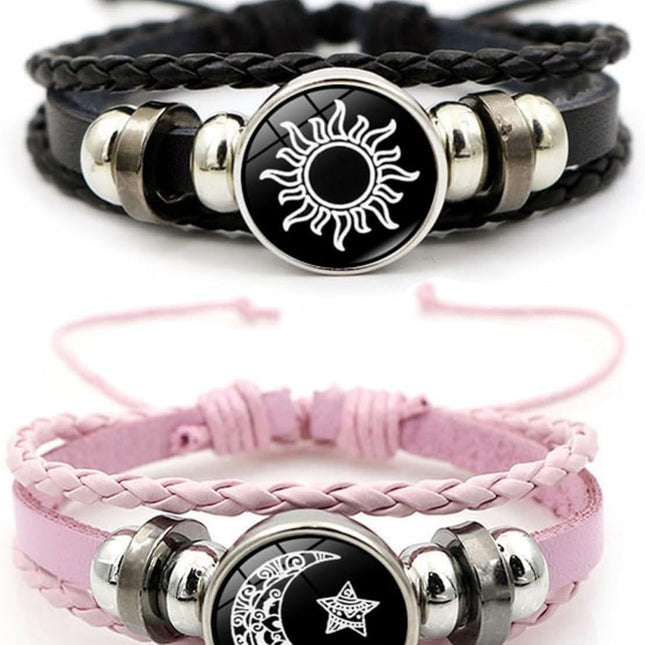 Luminous Sun and Moon Couple Bracelet - Glow in the Dark Matching Braided Leather Jewelry for Couples, Adjustable Long Distance Love Gift for Him & Her.