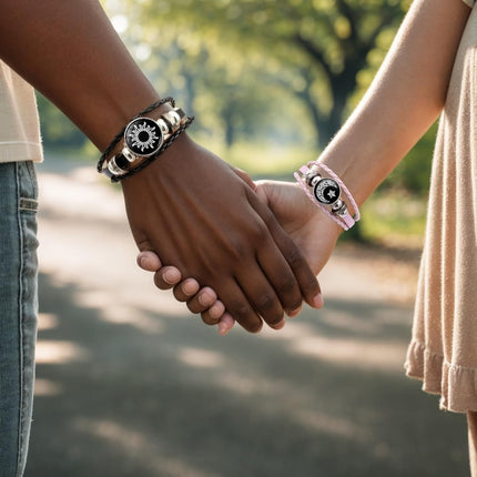 Luminous Sun and Moon Couple Bracelet - Glow in the Dark Matching Braided Leather Jewelry for Couples, Adjustable Long Distance Love Gift for Him & Her.