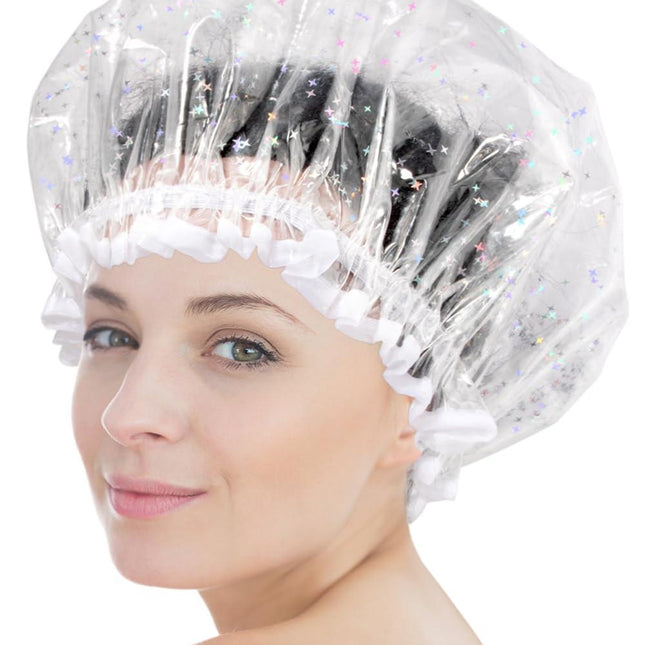 Luxury Shower Cap Reusable Waterproof for Women Sequin Lined Hair Cap for Shower Plastic Cap for Long Hair Large Double Layer Bath Cap Travel Essential & Cleaning Supplies.