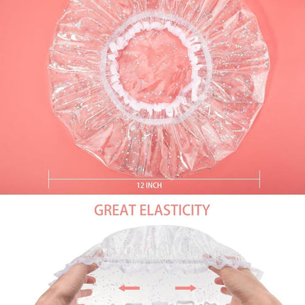 Luxury Shower Cap Reusable Waterproof for Women Sequin Lined Hair Cap for Shower Plastic Cap for Long Hair Large Double Layer Bath Cap Travel Essential & Cleaning Supplies.