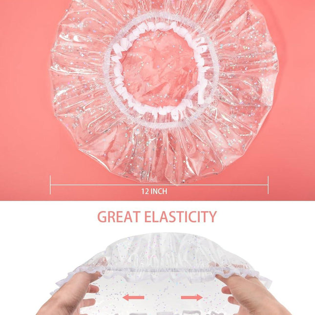Luxury Shower Cap Reusable Waterproof for Women Sequin Lined Hair Cap for Shower Plastic Cap for Long Hair Large Double Layer Bath Cap Travel Essential & Cleaning Supplies.