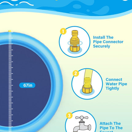 Splash Pad for Dogs & Kids - Anti-Slip Dog Pool for Large Dogs, 0.58 mm Thickened Durable Outdoor Water Play Mat, Summer Sprinkler Toy for Backyard (67in, Blue).