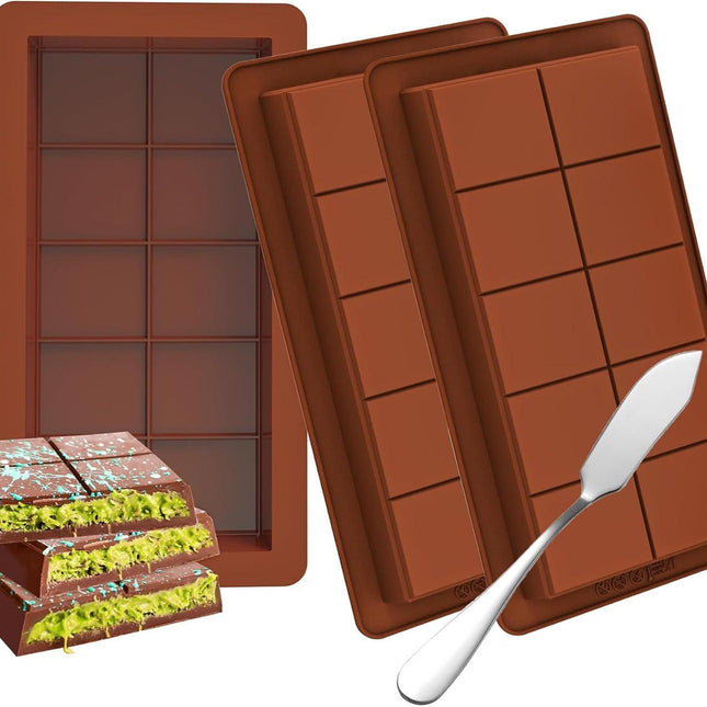 3 PCS Silicone Chocolate Bar Molds with 1 spatula,3/4 Inch Thick Non-Stick Chocolate Mold，Large Deep Cavity Chocolat Silicone Mold for Stuffed Chocolate Bars Knafeh Pistachio Chocolat.