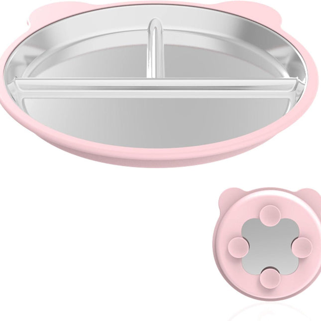 Silicone Stainless Steel Dinner Plate, 9-Inch Portion Control Plate, Balanced Lunch for Weight Loss and Diabetic Diets, Camping Metal Divider Plate (Round Pink).