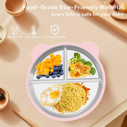Silicone Stainless Steel Dinner Plate, 9-Inch Portion Control Plate, Balanced Lunch for Weight Loss and Diabetic Diets, Camping Metal Divider Plate (Round Pink).