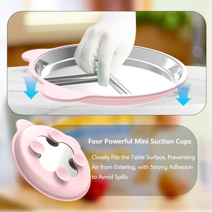 Silicone Stainless Steel Dinner Plate, 9-Inch Portion Control Plate, Balanced Lunch for Weight Loss and Diabetic Diets, Camping Metal Divider Plate (Round Pink).