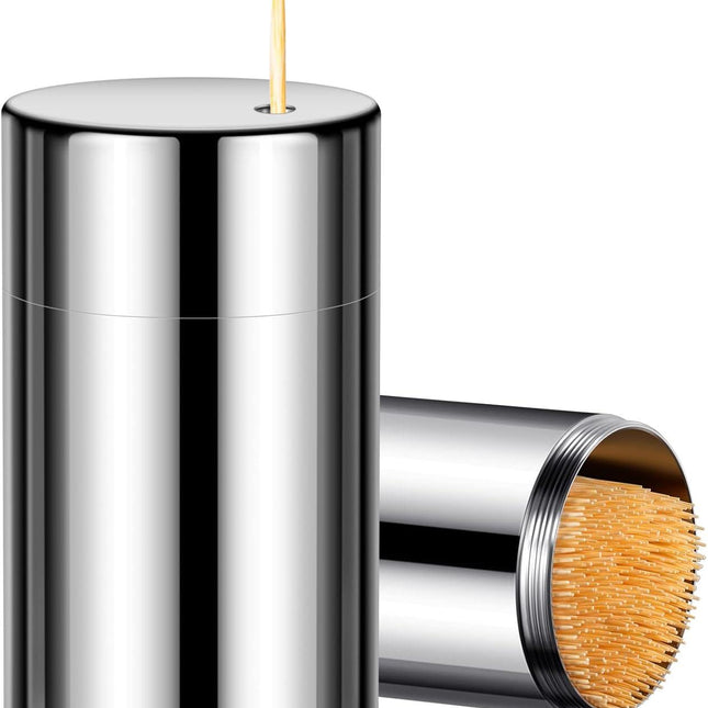 Toothpick Holder Toothpicks 304 Stainless Steel Toothpick Dispenser with 400 Bamboo Toothpicks for Appetizers Craft, Party, Cocktail Picks, Cleaning Teeth (Silver).