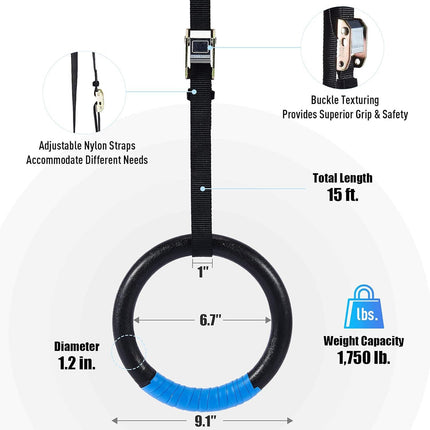 Gymnastic Rings, Exercise Olympic Rings with Adjustable Straps, Steel Buckles, Perfect for Workout, Strength Training, Pull-Ups and Dips (Black).
