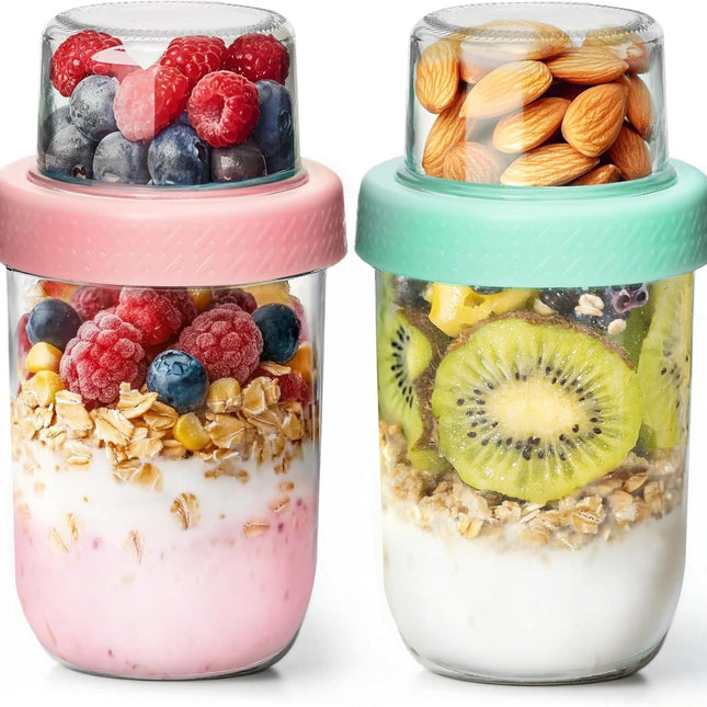 2-Pack 16 oz Overnight Oats Containers with Lids, Dual-Laryer Chia Pudding Jars with Dry and Wet Separation, Yogurt Parfait Cups for Oatmeal Cereal Nut Fruit, Meal Prep Glass Jars for Salad  Green.