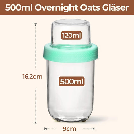 2-Pack 16 oz Overnight Oats Containers with Lids, Dual-Laryer Chia Pudding Jars with Dry and Wet Separation, Yogurt Parfait Cups for Oatmeal Cereal Nut Fruit, Meal Prep Glass Jars for Salad  Green.