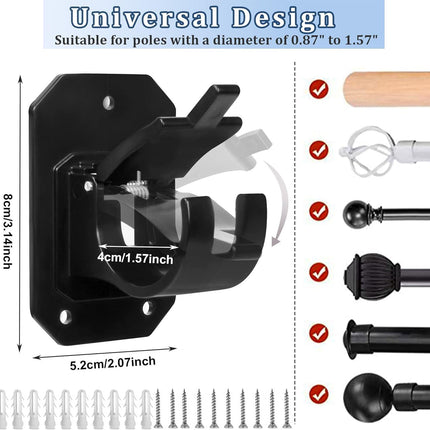 8PCS No Drill Curtain Rod Brackets,Nail Free Adjustable Curtain Rods No Drilling,Self Adhesive Curtain Rod Holder,Perforated Curtain Rod Hook,Non Screw Stick On Sticky Black Drape Pole Hanger Black.