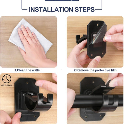 8PCS No Drill Curtain Rod Brackets,Nail Free Adjustable Curtain Rods No Drilling,Self Adhesive Curtain Rod Holder,Perforated Curtain Rod Hook,Non Screw Stick On Sticky Black Drape Pole Hanger Black.