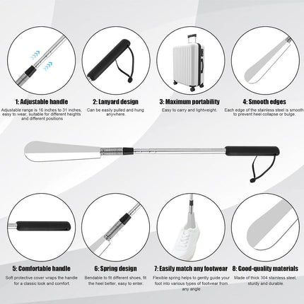 Extendable Shoe Horn, Premium Stainless Steel Adjustable Handle Shoe Lifter with Long Handle Shoehorn Telescopic Travel Shoe Helper Shoe Aid Tools for Women Men Seniors.