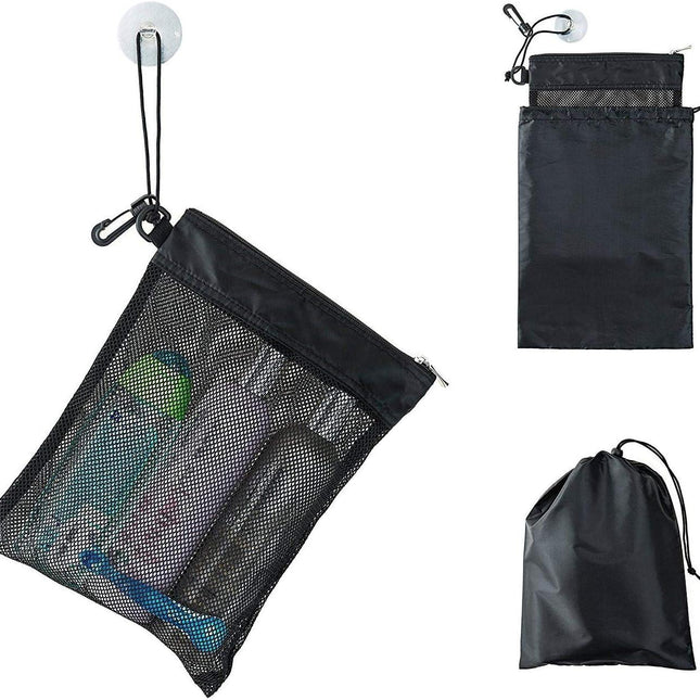 Shower Bag Tote, Mesh Caddy Toiletry Organizer 12”L x 9”W, Compact and Lightweight With Suction Cup, Cord for Hanging, Zipper and Drawstring Pouch 14”L x 10”W, Black Black.