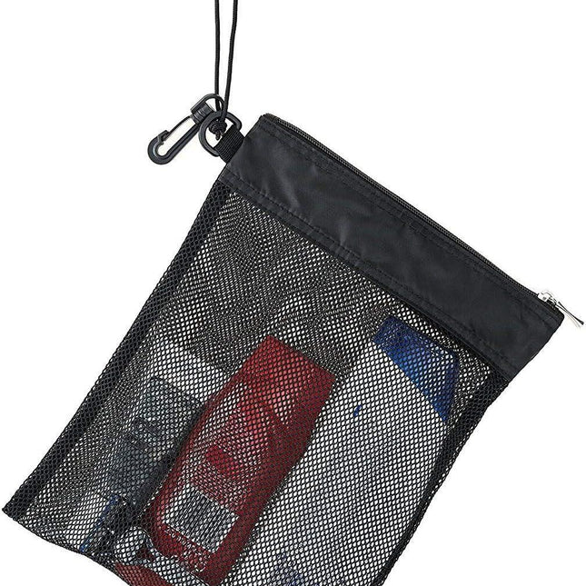 Shower Bag Tote, Mesh Caddy Toiletry Organizer 12”L x 9”W, Compact and Lightweight With Suction Cup, Cord for Hanging, Zipper and Drawstring Pouch 14”L x 10”W, Black Black.