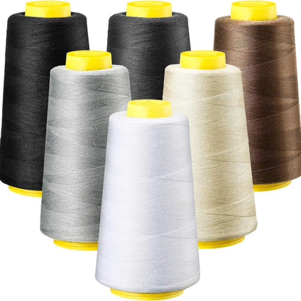 6 Rolls 3000 Yard Each Serger Thread Polyester Cones Spool Thread for Sewing Serger Overlock Quilting Sewing Machine (Black, White, Beige, Grey, Dark Grey, Coffee)  Black, White, Beige, Grey,.