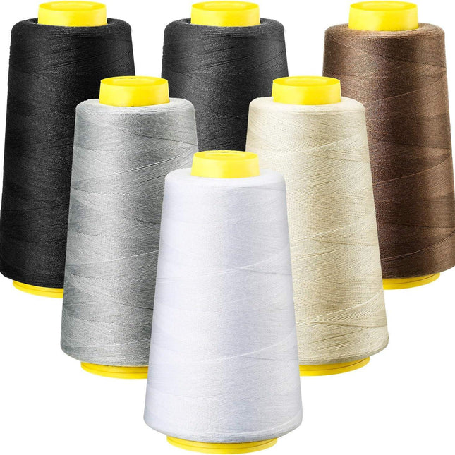6 Rolls 3000 Yard Each Serger Thread Polyester Cones Spool Thread for Sewing Serger Overlock Quilting Sewing Machine (Black, White, Beige, Grey, Dark Grey, Coffee)  Black, White, Beige, Grey,.