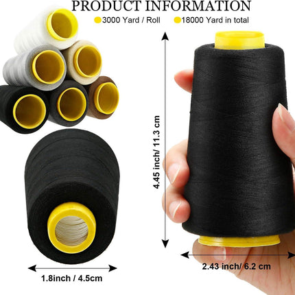 6 Rolls 3000 Yard Each Serger Thread Polyester Cones Spool Thread for Sewing Serger Overlock Quilting Sewing Machine (Black, White, Beige, Grey, Dark Grey, Coffee)  Black, White, Beige, Grey,.