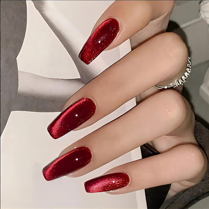 Red Press on Nails Coffin Shape Fake Nails Long False Nails with Cat Eye Design Glitter Glue on Nails for Women 24PCS 522 red 0.04 Fl Oz (Pack of 24).