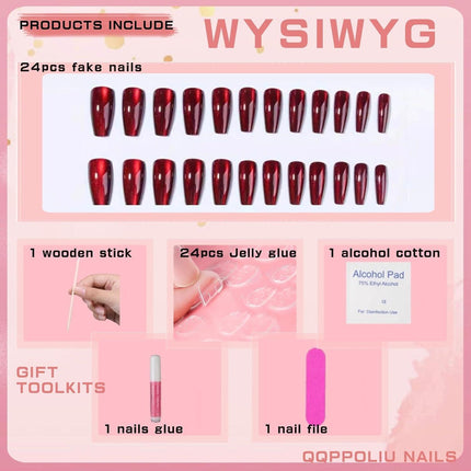 Red Press on Nails Coffin Shape Fake Nails Long False Nails with Cat Eye Design Glitter Glue on Nails for Women 24PCS 522 red 0.04 Fl Oz (Pack of 24).
