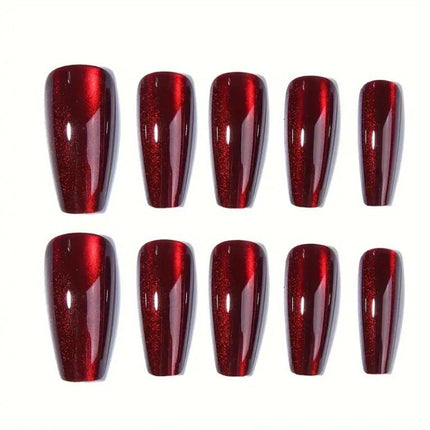 Red Press on Nails Coffin Shape Fake Nails Long False Nails with Cat Eye Design Glitter Glue on Nails for Women 24PCS 522 red 0.04 Fl Oz (Pack of 24).