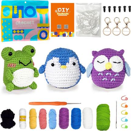 Crochet Kit for Beginners Pattern Animals Owl Penguin Frog with Yarn Hook Accessories.