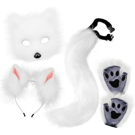 Plush mask with fox tail and ears set, cat tail fox costume cosplay costume with cat ears and paw gloves halloween cosplay white High quality () white.