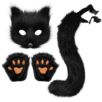 Therian Paws Fur Mask Tail Set Black Halloween Party Costume.