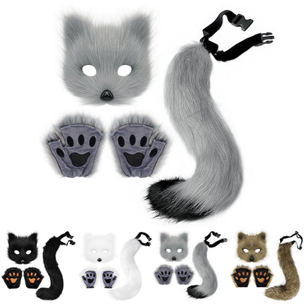 Therian Paws Fur Mask Tail Set Black Halloween Party Costume.