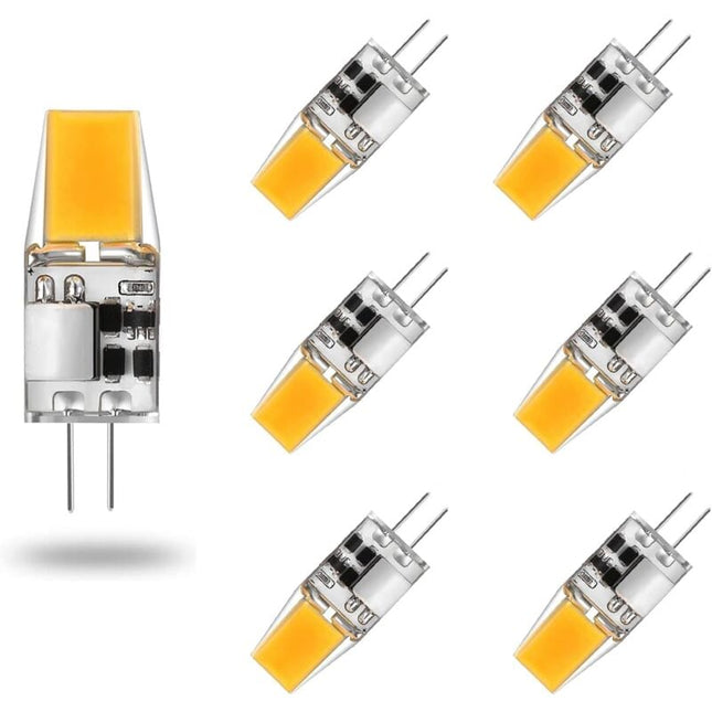 G4 LED Bulbs 6-Pack 5W Warm White 3000K Compatible with Halogen AC/DC 12V No Flicker 360° Beam Angle.