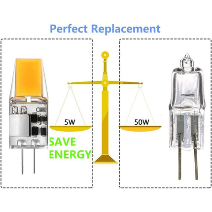 G4 LED Bulbs 6-Pack 5W Warm White 3000K Compatible with Halogen AC/DC 12V No Flicker 360° Beam Angle.