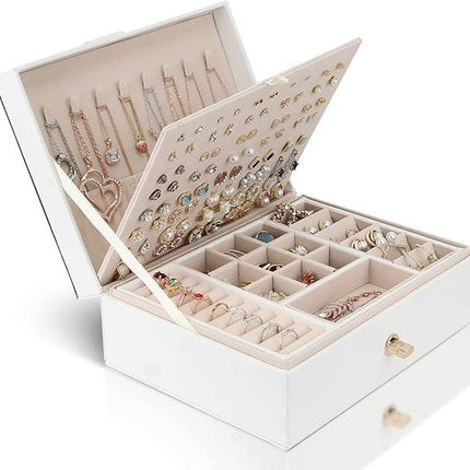 Jewelry Box Organizer for Necklaces, Earrings, Bracelets, Rings, Large PU Leather Jewelry Box with 3 Stackable Layers (White).