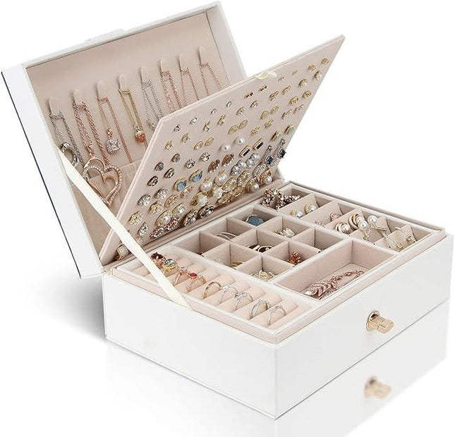 Jewelry Box Organizer for Necklaces, Earrings, Bracelets, Rings, Large PU Leather Jewelry Box with 3 Stackable Layers (White).