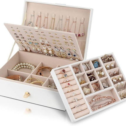 Jewelry Box Organizer for Necklaces, Earrings, Bracelets, Rings, Large PU Leather Jewelry Box with 3 Stackable Layers (White).