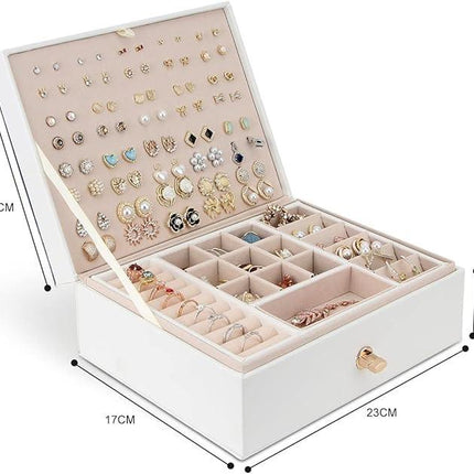 Jewelry Box Organizer for Necklaces, Earrings, Bracelets, Rings, Large PU Leather Jewelry Box with 3 Stackable Layers (White).