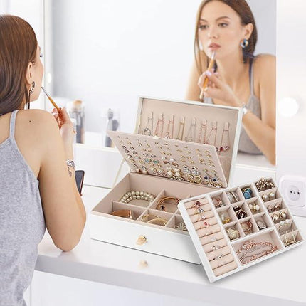 Jewelry Box Organizer for Necklaces, Earrings, Bracelets, Rings, Large PU Leather Jewelry Box with 3 Stackable Layers (White).