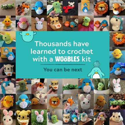 Woobles crochet set for beginners in simple pea yarn, as seen on Shark Tank Penguin.