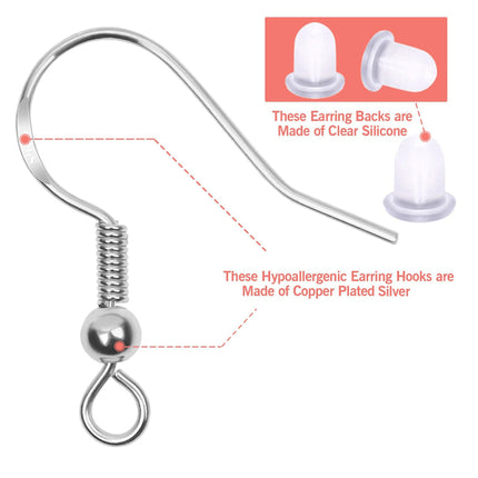 925 Silver Earring Hooks for Jewelry Making, Hypoallergenic Earring Hooks Accessories, 100 Earring Hooks, 150 Ear Plugs, SQBB.
