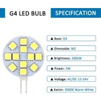G4 LED Bulb 2W 12-24V Warm White 3000K 200LM Non-Dimmable 12x5050 SMD for Cabinets Compatible with Phillips Oral-B Braun.