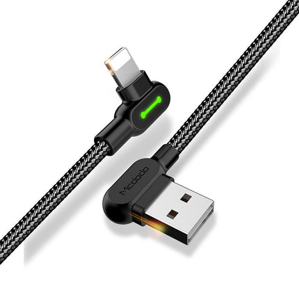 Compatible with Apple McDodo CA-4673 Angled Lightning Cable 1.8m 2A Fast Charging with LED iPhone iPad Black.