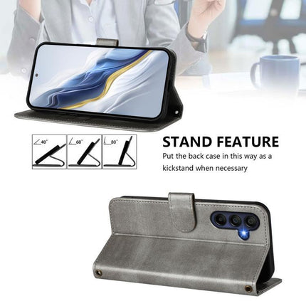 Compatible with Samsung Galaxy A17 5G Case in Grey Retro Leather with Stitching.