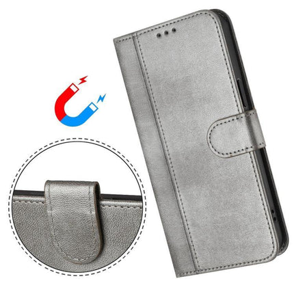 Compatible with Samsung Galaxy A17 5G Case in Grey Retro Leather with Stitching.