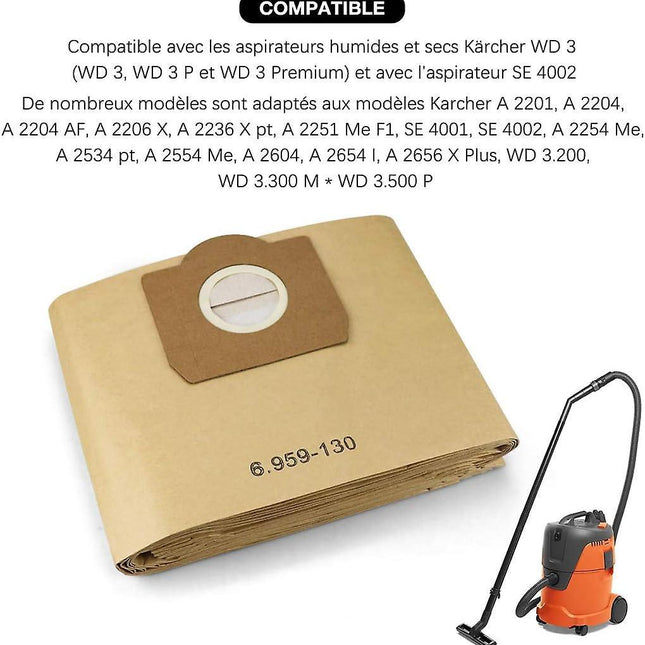 10-pack vacuum cleaner bags for Karcher 6.959-130.0 filter bags A 2201/2204/2504.
