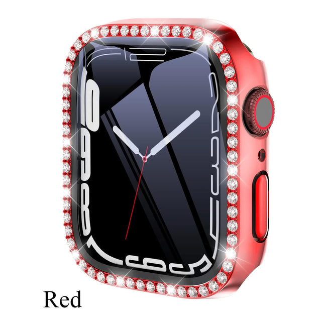 Diamond Glass Bling Bumper Case with Screen Protector Compatible with Apple Watch Series 9 8 7 6 SE 3 45mm 44mm 42mm 41mm 40mm 38mm Red.