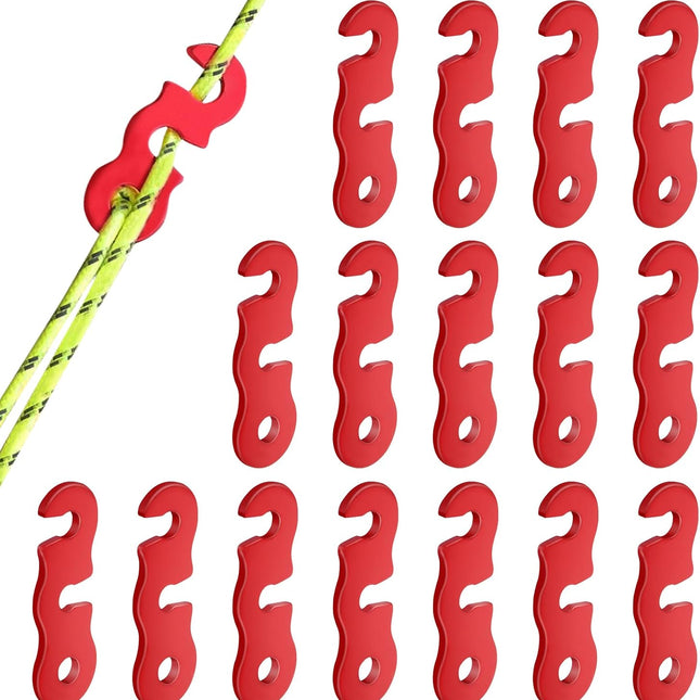 Rope Adjuster, 16pcs Aluminum Rope Tensioner, Tent Wind Rope Buckle, Rope Tensioner for Camping Hiking Backpacking Picnic Outdoor Tent Accessories 16 Pieces - Red Opening.
