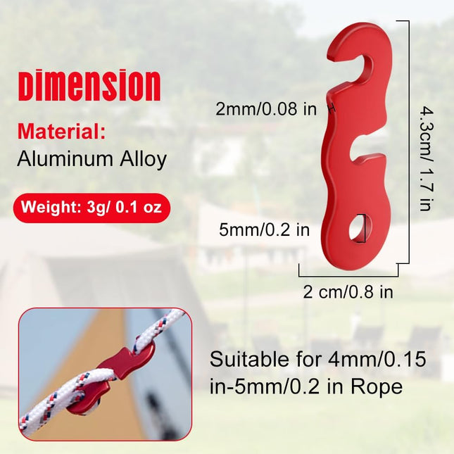 Rope Adjuster, 16pcs Aluminum Rope Tensioner, Tent Wind Rope Buckle, Rope Tensioner for Camping Hiking Backpacking Picnic Outdoor Tent Accessories 16 Pieces - Red Opening.