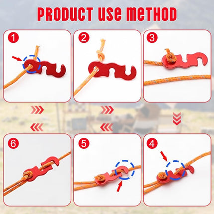 Rope Adjuster, 16pcs Aluminum Rope Tensioner, Tent Wind Rope Buckle, Rope Tensioner for Camping Hiking Backpacking Picnic Outdoor Tent Accessories 16 Pieces - Red Opening.