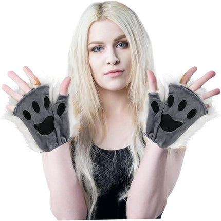Therian Paws, Cat Paw 1 Pair Half Finger Therian Paws Cute Embroidered Fur Paws Decorative Realistic Paw Gloves for Kids Adults Cosplay Stage, Black Gray.